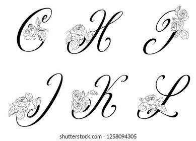 Vector  floral uppercase letters . Uppercase Letters G, H, I, J, K, L with Flowers . Letters with decorative roses. Floral elements of a wedding card, invitations. Elegant rich modern letters