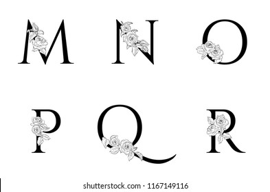 Vector  floral uppercase letters . Uppercase Letters M, N, O, P, Q, R with Flowers . Floral Design. Letters with decorative roses. Element of a wedding card, invitations.