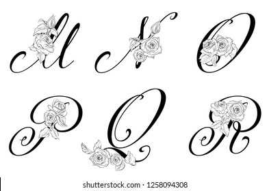 Vector  floral uppercase letters . Uppercase Letters M, N, O, P, Q, R with Flowers . Letters with decorative roses. Floral elements of a wedding card, invitations. Elegant rich modern letters.