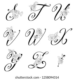 Vector  floral uppercase letters . Uppercase Letters S, T, U, V, W, X, Y, Z with Flowers . Letters with decorative roses. Floral elements of a wedding card, invitations. Elegant rich modern letters