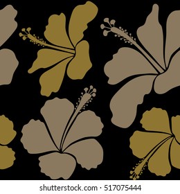 Vector floral. Various hibiscus hawaiian tropical flowers in neutral and beige colors on a black background.