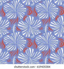 Vector floral. Various white, blue and orange hibiscus hawaiian tropical flowers.