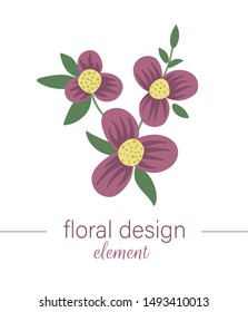 Vector floral vertical decorative element. Flat trendy illustration with flower, leaves, branches. Meadow, woodland, forest clip art. Beautiful spring or summer bouquet isolated on white background