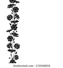 Vector floral vertical seamless border with black silhouette flowers chamomile and leaves.Isolated on white background.Copy space.Hand drawn.Stock illustration for design cards, invitations, sales.