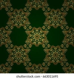 Vector floral vignette for design. Ornate decor for invitations, greeting cards, thank you message. Elements in Victorian style on a green backdrop. Golden floral seamless pattern.
