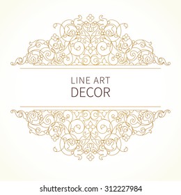 Vector floral vignette in Eastern style. Ornate element for design. Lace horizontal decor. Golden ornament for invitations, birthday and greeting cards, thank you message, certificate, logo template.