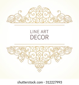 Vector floral vignette in Eastern style. Ornate element for design. Lace horizontal decor. Golden ornament for invitations, birthday and greeting cards, thank you message, certificate, logo template.