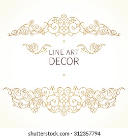 Vector floral vignette in Eastern style. Ornate line art element for design. Lace horizontal decor. Golden ornament for invitations, birthday and greeting cards, thank you message, certificate.