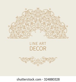 Vector floral vignette in Eastern style. Ornate line art element for design. Mono line decor. Outline ornament for invitations, birthday and greeting cards, thank you message, certificate.
