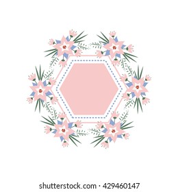 vector floral vignette in the form of a hexagon. Delicate floral frame for invitations, cards, stickers for wedding, birthday, holiday.