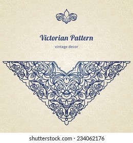 Vector floral vignette in Victorian style. Ornate element for design, place for text. Ornamental vintage illustration for wedding invitations, greeting cards. Traditional blue decor.