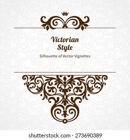 Vector floral vignette in Victorian style on scroll work background. Ornate element for design. Place for text. Ornament for wedding invitations, birthday and greeting cards, certificate. Lacy decor.