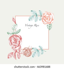 Vector floral vintage background with rose.  Ink drawn botanical illustration for print, greeting, wedding, card and other elegant retro design. In engraving style. Colored on green background.