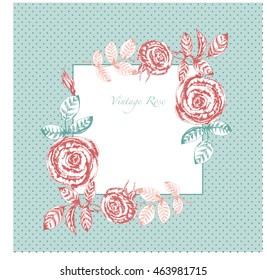 Vector floral vintage background with rose  on green with points.  Ink drawn botanical illustration for print, greeting, wedding, card and other elegant retro design. In engraving style. 