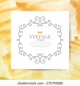 vector floral vintage frame on white paper and orange watercolor background