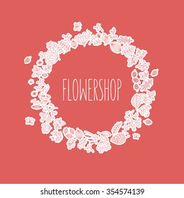 Vector Floral Vintage Frame with sample text 'Flower Shop'. Plants arranged un a rounded shape on the red background. Template for wedding invitations or decoration elements of flower shop