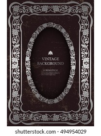 Vector Floral Vintage Frame, template for the book covers design, old pages, photo frames, invitations, certificates, cards. Victorian luxury ornamental design, silver border on dark background.