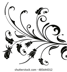Vector floral vintage pattern. Black wavy ornament isolated on white background.