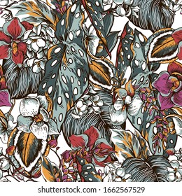 Vector floral vintage seamles pattern of tropical leaves and blooming flowers. Natural summer exotic collection. Trendy floral illustration.