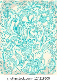 Vector floral vintage seamless pattern with birds, flowers, plants and hearts.