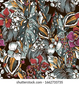 Vector vintage floral sin fisuras de hojas tropicales y flores florecientes. Textura exótica natural del verano. Ilustración floral de moda sobre fondo negro