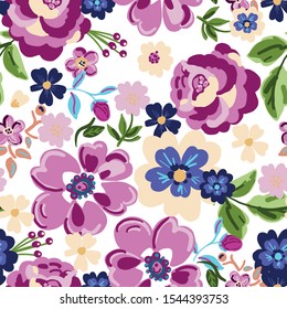 vector floral vintage seamless repeat pattern retro roses, flowers and buds on white background for fabric and scrapbooking