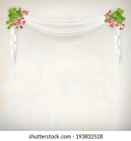 Vector floral vintage wedding background with cherry blossom flowers arrangement, green leaves, white transparent curtains on marble textured wall in retro style