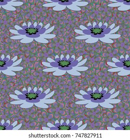 Vector floral violet, blue and green pattern. Seamless cute mille-fleurs texture for fabric, wrapping, printing, textile.