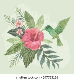 Vector floral watercolor background. Exotic small bird,  tropical  hibiscus and plumeria flowers and fantasy foliage at the light green background