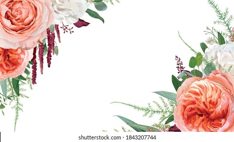 Vector Floral Watercolor Bouquet Frame, Border Design: Pale Coral Juliette Rose Flower, Blush Pink, Peach, Ivory White Roses, Burgundy Amaranth, Eucalyptus Greenery Leaves, Tender Heather, Forest Fern