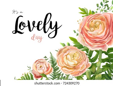 Vector floral watercolor card design: pink peach rose Ranunculus flowers Eucalyptus greenery, fern leaf natural corner frame border. Vector decorative invite, postcard, elegant copy space illustration