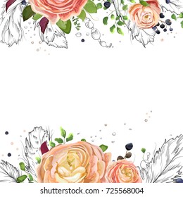 Vector floral watercolor card design: pink peach rose Ranunculus flowers Eucalyptus greenery, fern leaf, bird line drawn graphic feathers frame border. Vector cute invite, postcard, elegant copy space