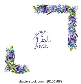 Vector  Floral Watercolor Frame or corner. Wildflowers and Leaves Border On White Background. Violet Flowers. Good For Web, Print, Invitations, Greeting and Save The Date Cards.