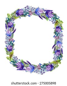 Vector  Floral Watercolor Frame. Wildflowers and Leaves Border On White Background. Violet Flowers. Good For Web, Print, Invitations, Greeting and Save The Date Cards.