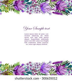 Vector  Floral Watercolor Frame. Wildflowers and Leaves Border On White Background. Violet Flowers. Good For Web, Print, Invitations, Greeting and Save The Date Cards.