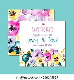 Vector floral watercolor illustration with flowers. Vintage design for invitation, wedding or greeting cards. Save the date set. 