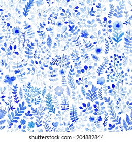 Vector floral watercolor pattern, texture with flowers. Floral pattern. Original floral background. Blue  flowers pattern. Seamless texture. Flowers watercolors. Ornament. Painting