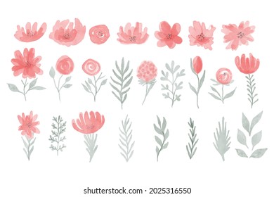 Vector floral watercolor set. Colorful floral collection with leaves and flowers. Spring or summer design for invitation, wedding or greeting cards.