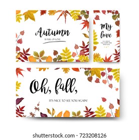 Vector floral watercolor style card design Autumn season border frame set: colorful orange yellow burgundy red fall tree leaf, branch.  Postcard, party banner poster wedding invite, menu card template