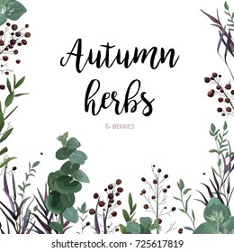 Vector floral watercolor style card design: Eucalyptus seeded greenery, agonis purple branch, thyme leaves, red berry natural frame, border. Vector invite, poster, banner, postcard delicate copy space