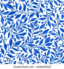 Vector floral watercolor texture pattern with blue branch and leaves. Watercolor blue floral pattern. Seamless pattern can be used for wallpaper, pattern fills, web page background, surface textures.