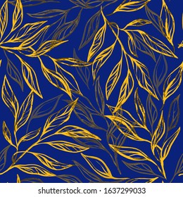 Vector floral watercolor texture pattern with blue branch and leaves. Watercolor blue floral pattern. Seamless pattern can be used for wallpaper, pattern fills, web page background, surface textures.