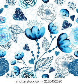 Vector floral watercolor texture pattern with blue flowers. Seamless background for wallpaper, pattern fills, web page background