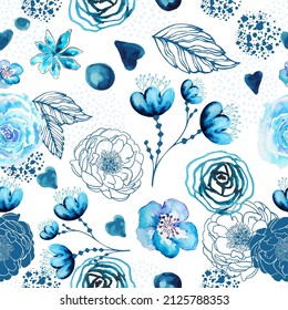 Vector floral watercolor texture pattern with blue flowers. Seamless background for wallpaper, pattern fills, web page background