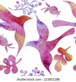 Vector floral watercolor texture pattern with birds.Watercolor floral pattern.Flowers pattern.Seamless pattern can be used for wallpaper,pattern fills,web page background,surface textures