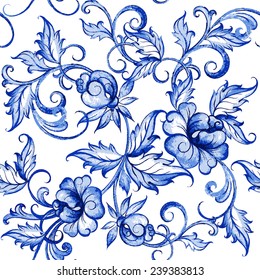 Vector floral watercolor texture pattern with flowers.Watercolor floral pattern.Blue flowers pattern.Seamless pattern can be used for wallpaper,pattern fills,web page background,surface textures