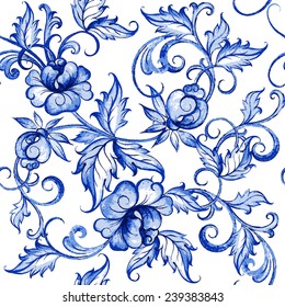 Vector floral watercolor texture pattern with flowers.Watercolor floral pattern.Blue flowers pattern.Seamless pattern can be used for wallpaper,pattern fills,web page background,surface textures