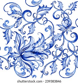 Vector floral watercolor texture pattern with flowers.Watercolor floral pattern.Blue flowers pattern.Seamless pattern can be used for wallpaper,pattern fills,web page background,surface textures