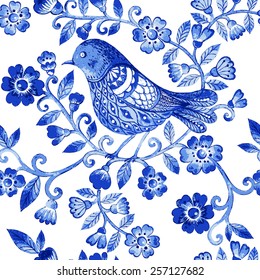 Vector floral watercolor texture pattern with blue flowers and birds.Watercolor floral pattern.Blue flowers pattern.Seamless pattern can be used for wallpaper,pattern fills,web page background