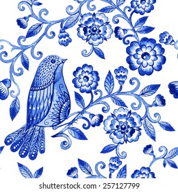 Vector floral watercolor texture pattern with blue flowers and birds.Watercolor floral pattern.Blue flowers pattern.Seamless pattern can be used for wallpaper,pattern fills,web page background